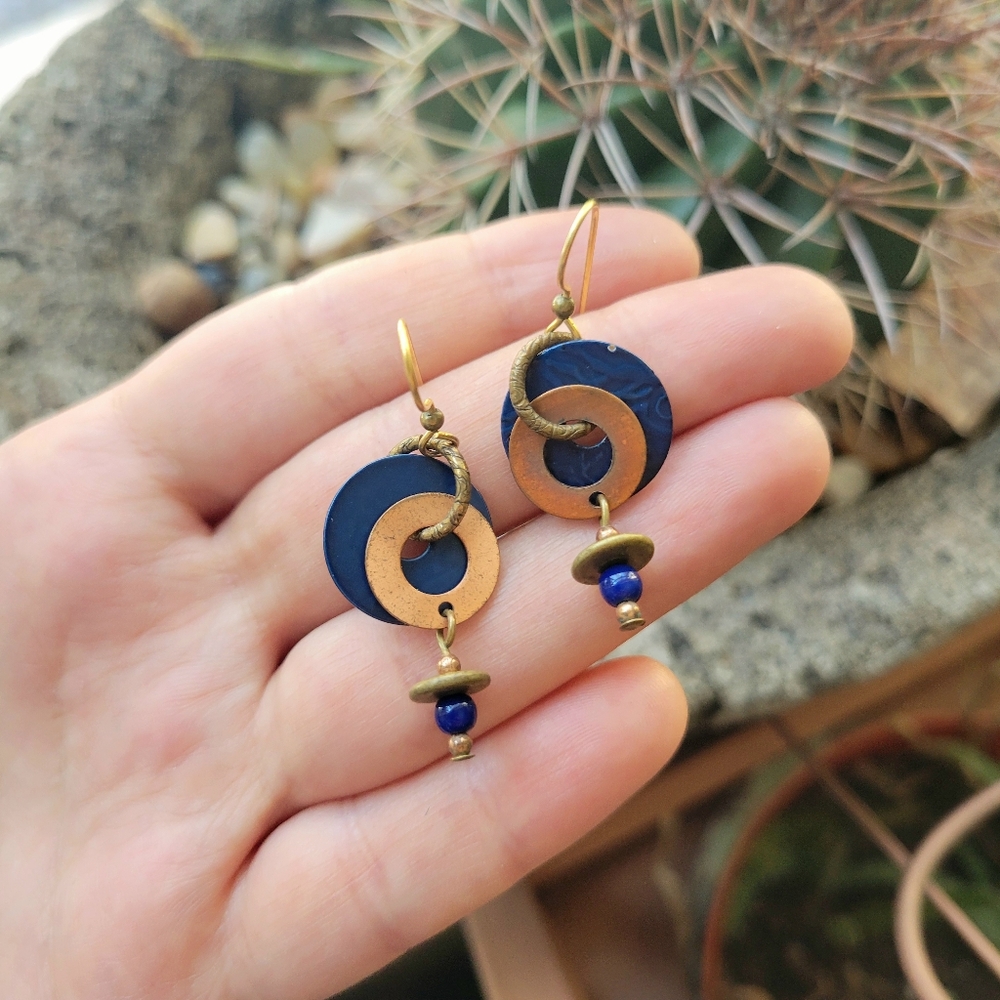 Vintage Gold & Navy Dangle Drop Hanging Hook Geometric Boho Earrings - Picture 5 of 7